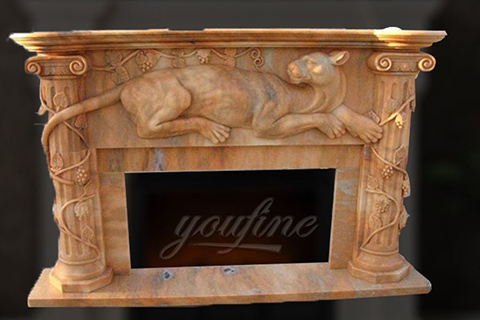 Indoor decorative beige marble fireplace frame with animal for sale