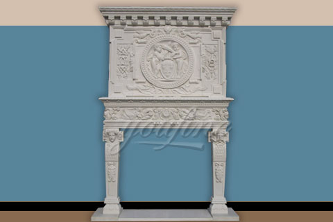 Large carved statue beige marble fireplace over mantel for decoration