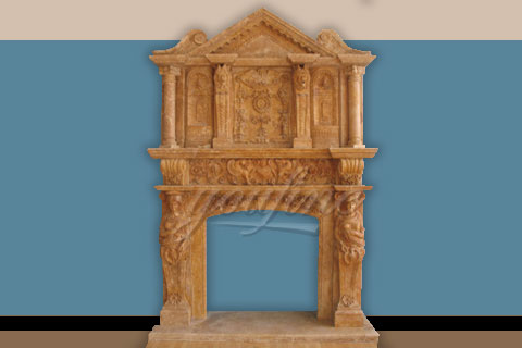 Large luxury beige marble fireplace over mantel for decoration